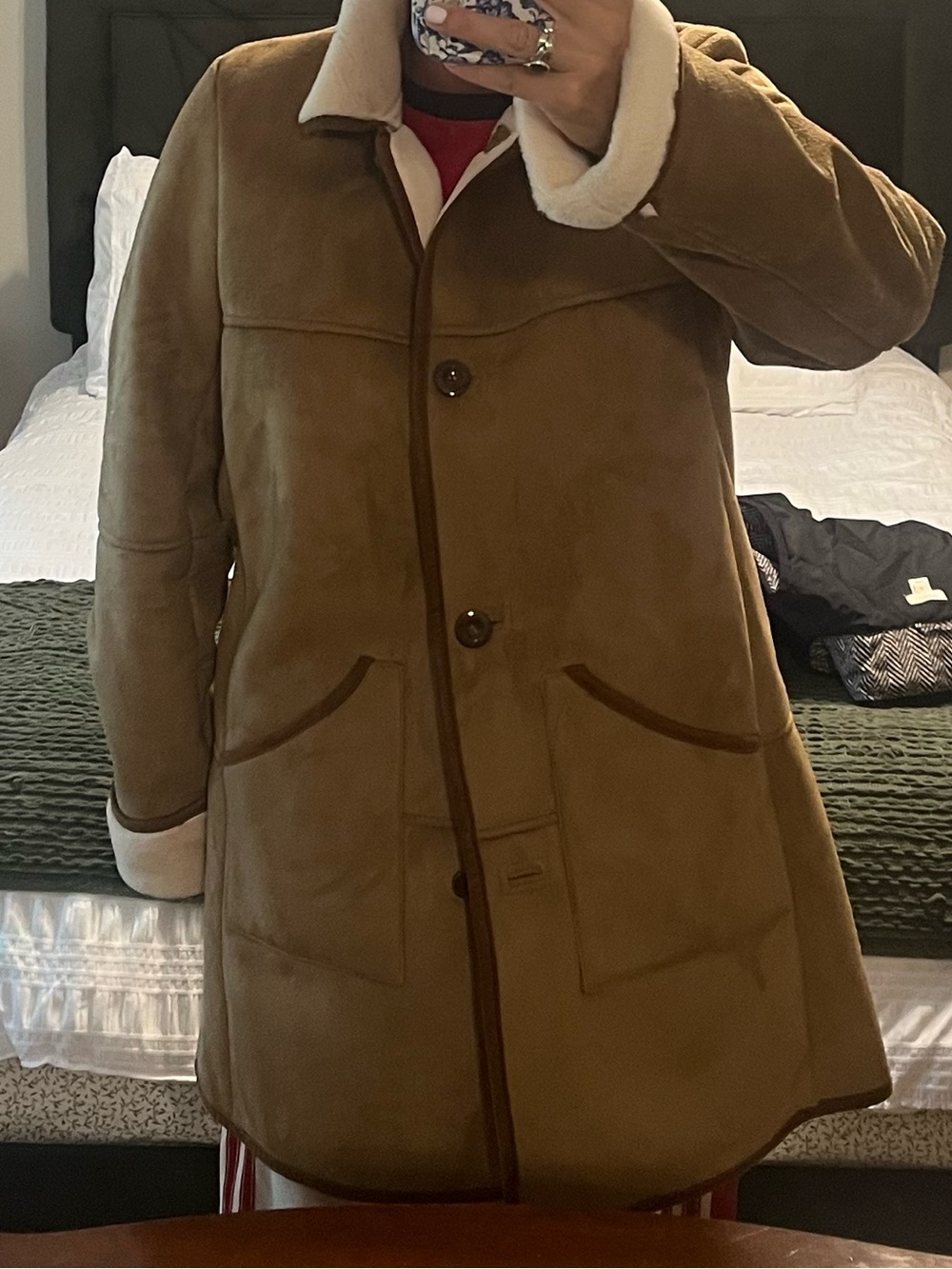 Orvis Tan Faux Suede Teddy Jacket with Cream Shearling Trim - Picture 7 of 7